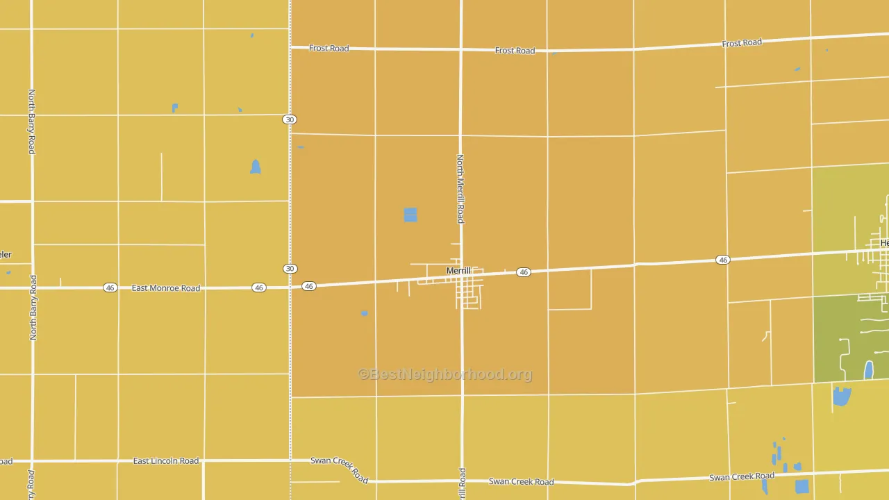 Map of the best neighborhoods in the 48637 area, with better matches in green and worse matches in red