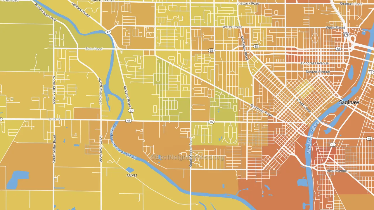 Map of the best neighborhoods in the 48638 area, with better matches in green and worse matches in red