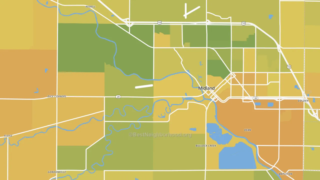 Map of the best neighborhoods in the 48640 area, with better matches in green and worse matches in red