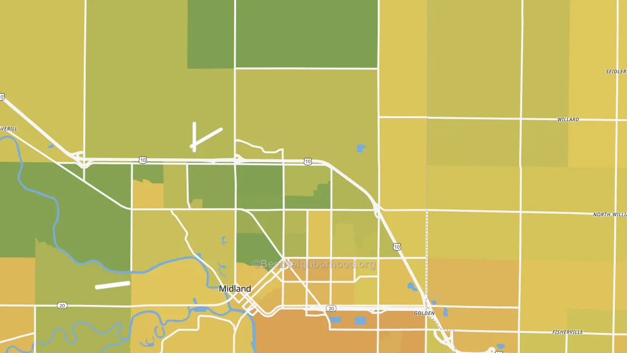 Map of the best neighborhoods in the 48642 area, with better matches in green and worse matches in red
