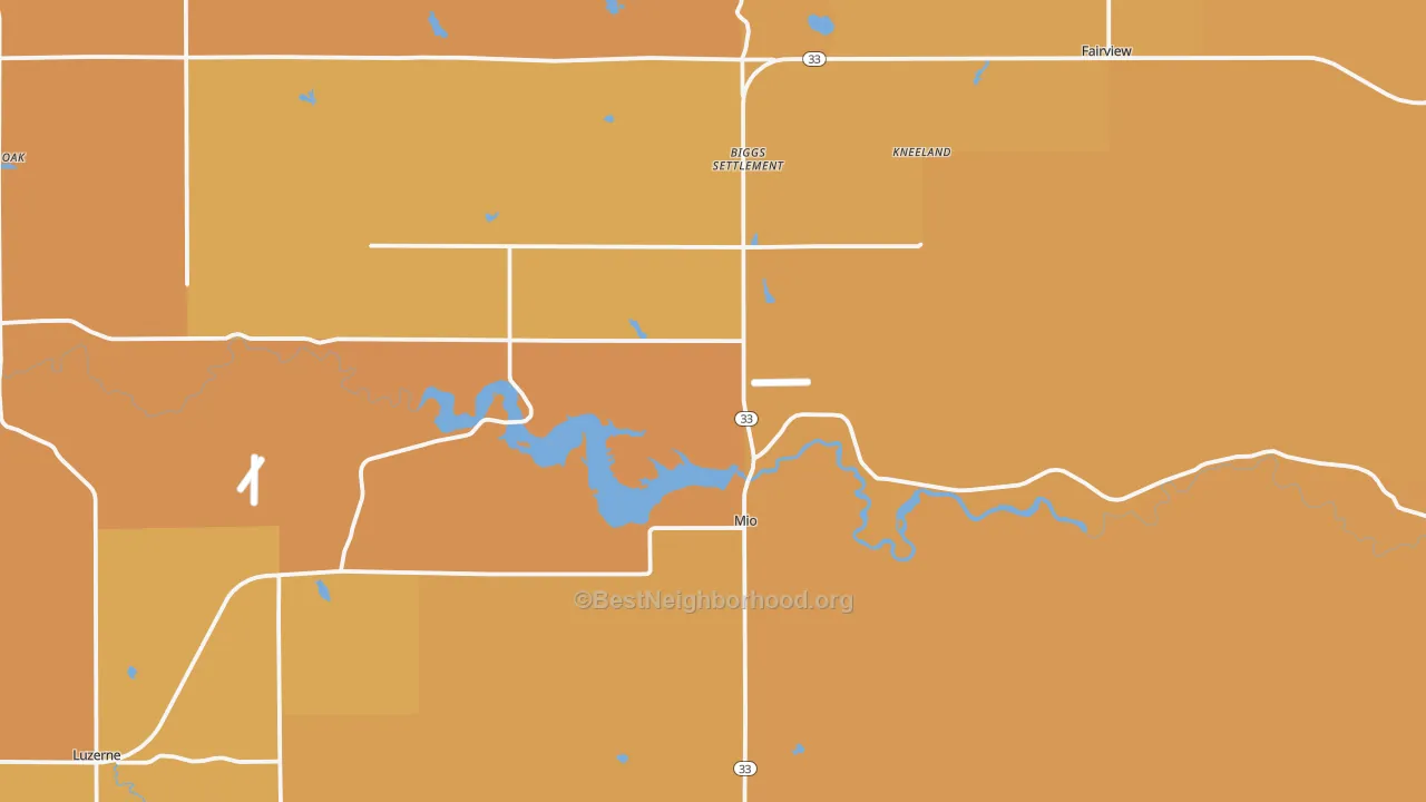 Map of the best neighborhoods in the 48647 area, with better matches in green and worse matches in red