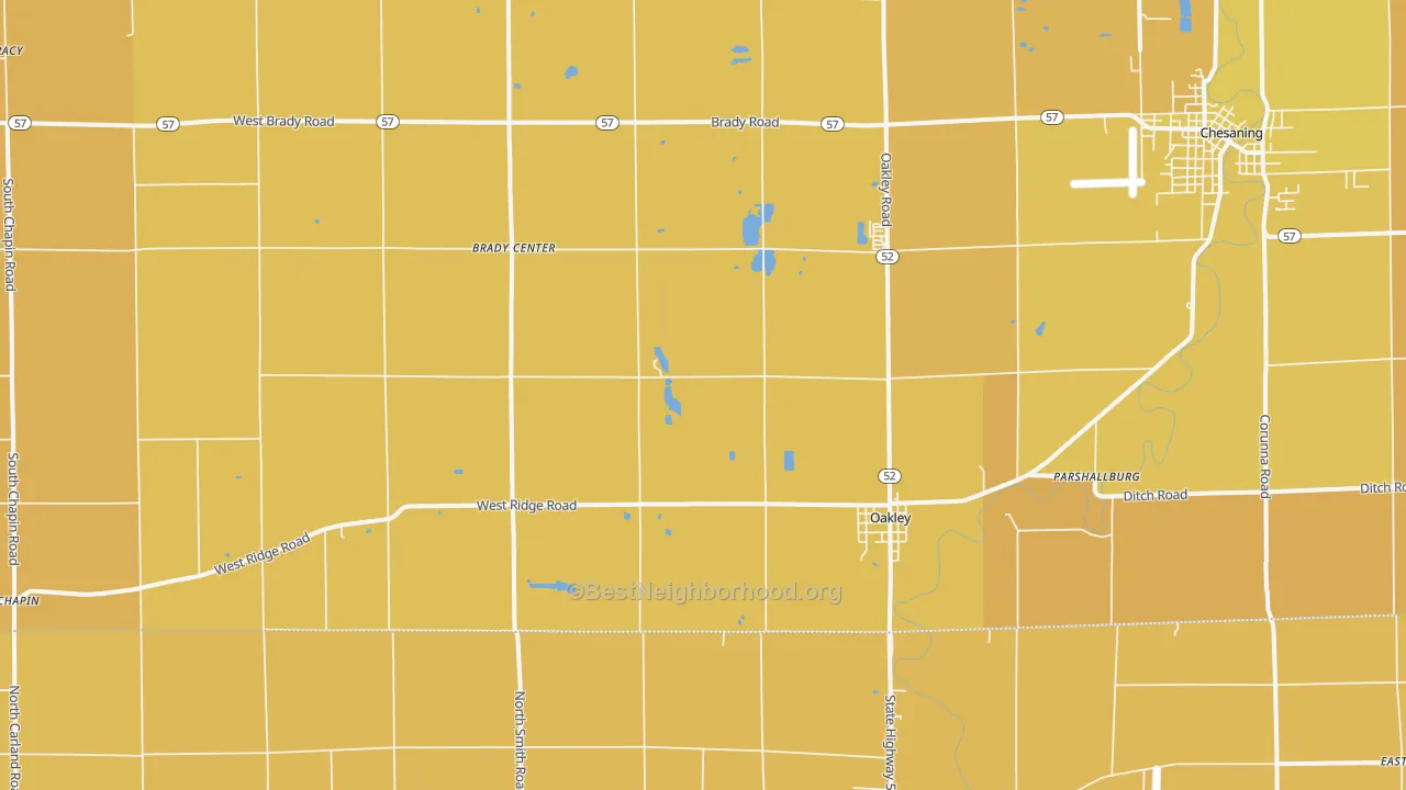 Map of the best neighborhoods in the 48649 area, with better matches in green and worse matches in red