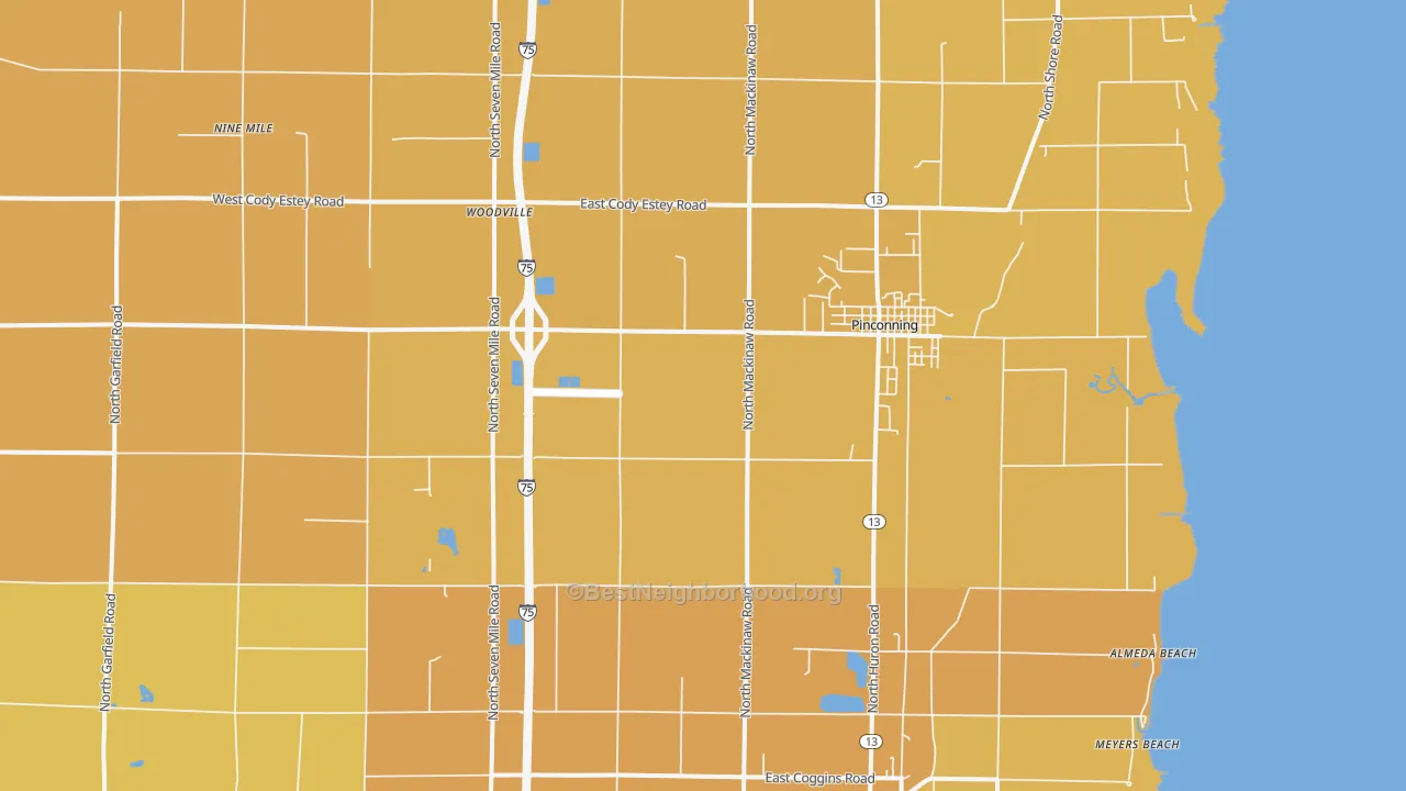 Map of the best neighborhoods in the 48650 area, with better matches in green and worse matches in red