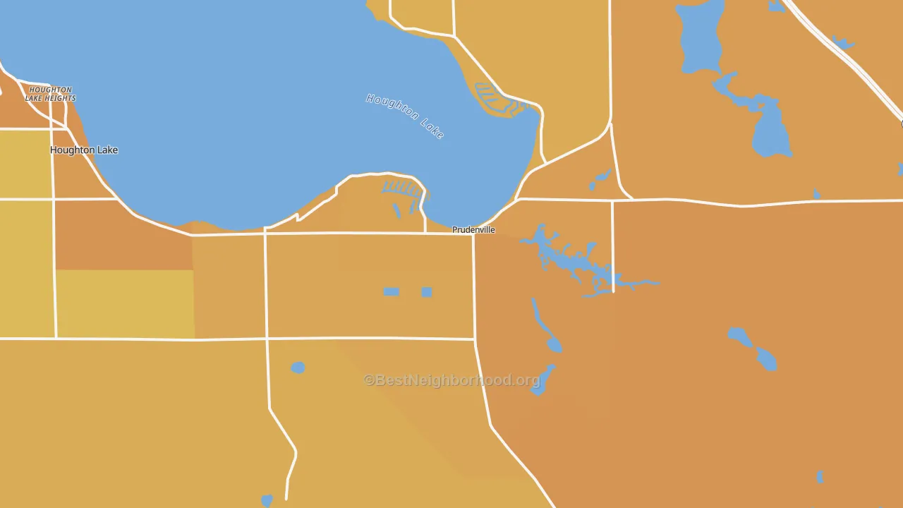 Map of the best neighborhoods in the 48651 area, with better matches in green and worse matches in red