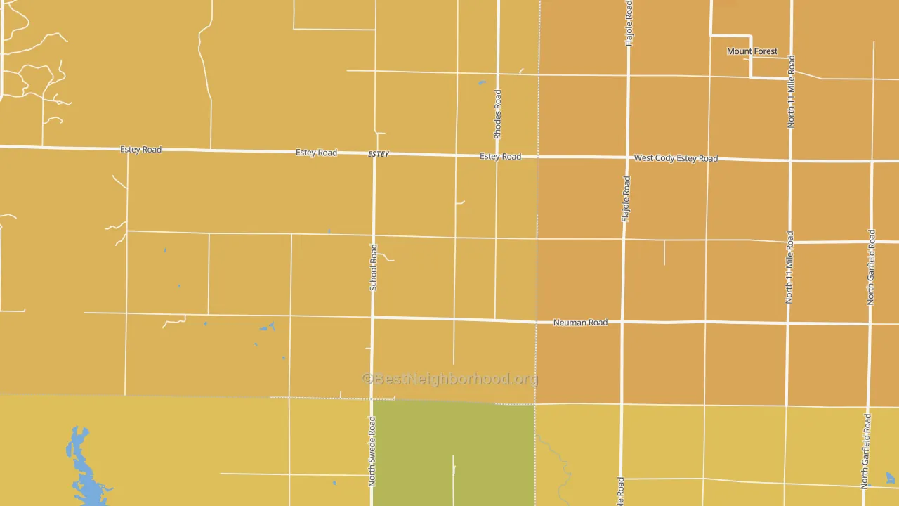 Map of the best neighborhoods in the 48652 area, with better matches in green and worse matches in red
