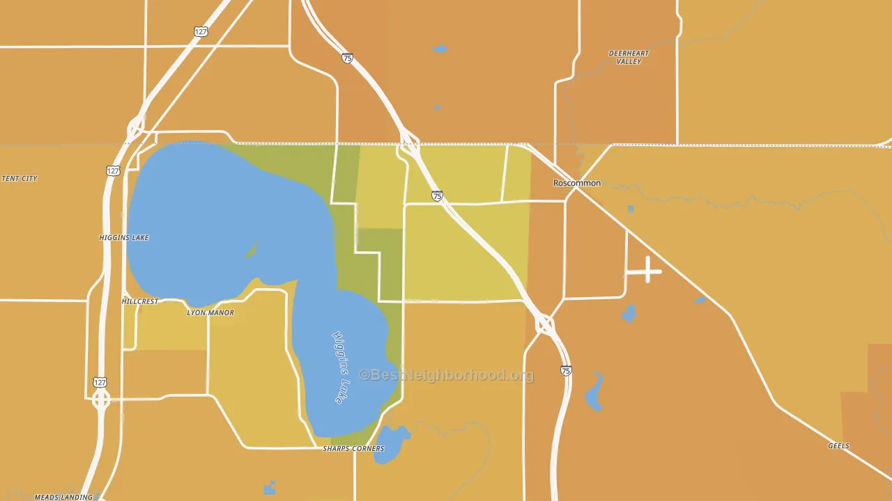 Map of the best neighborhoods in the 48653 area, with better matches in green and worse matches in red