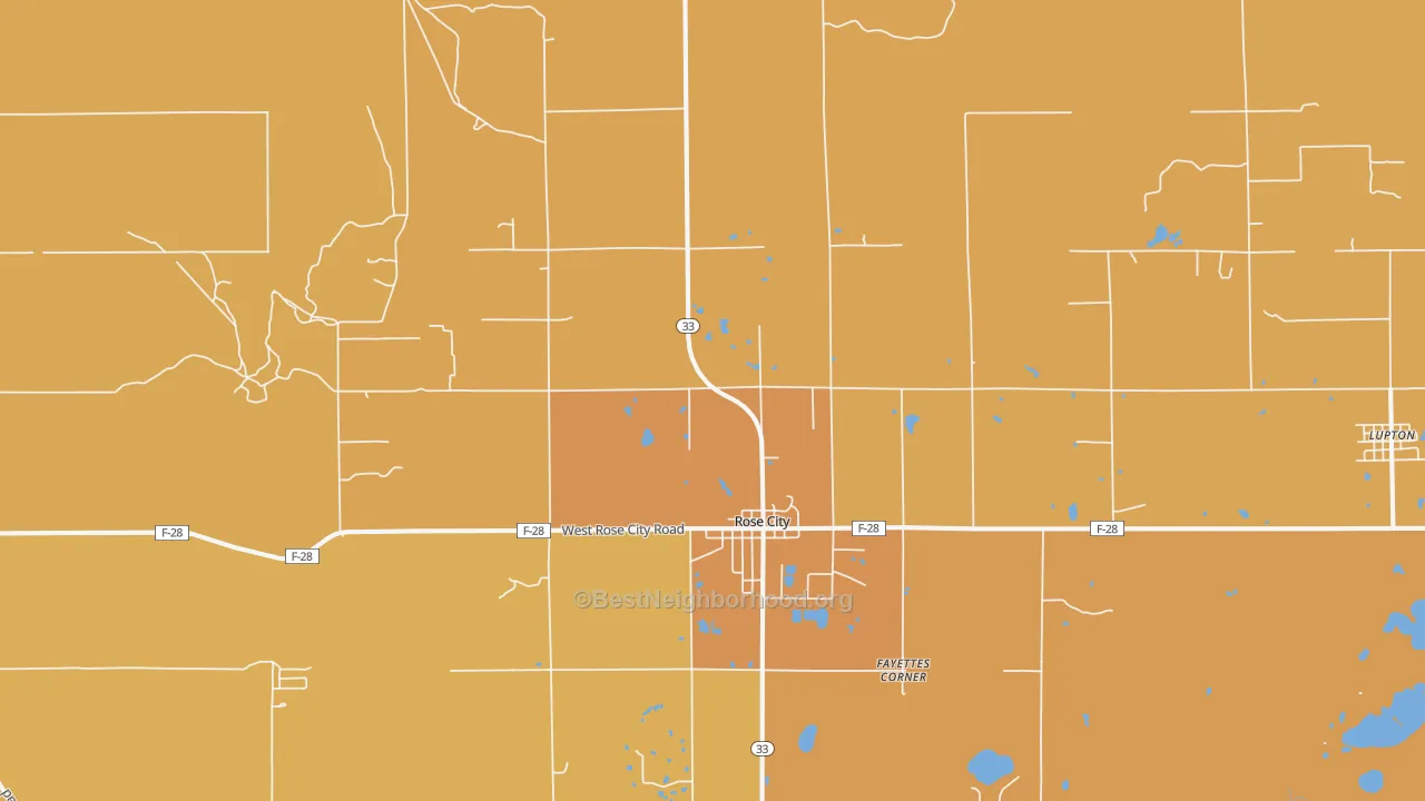 Map of the best neighborhoods in the 48654 area, with better matches in green and worse matches in red