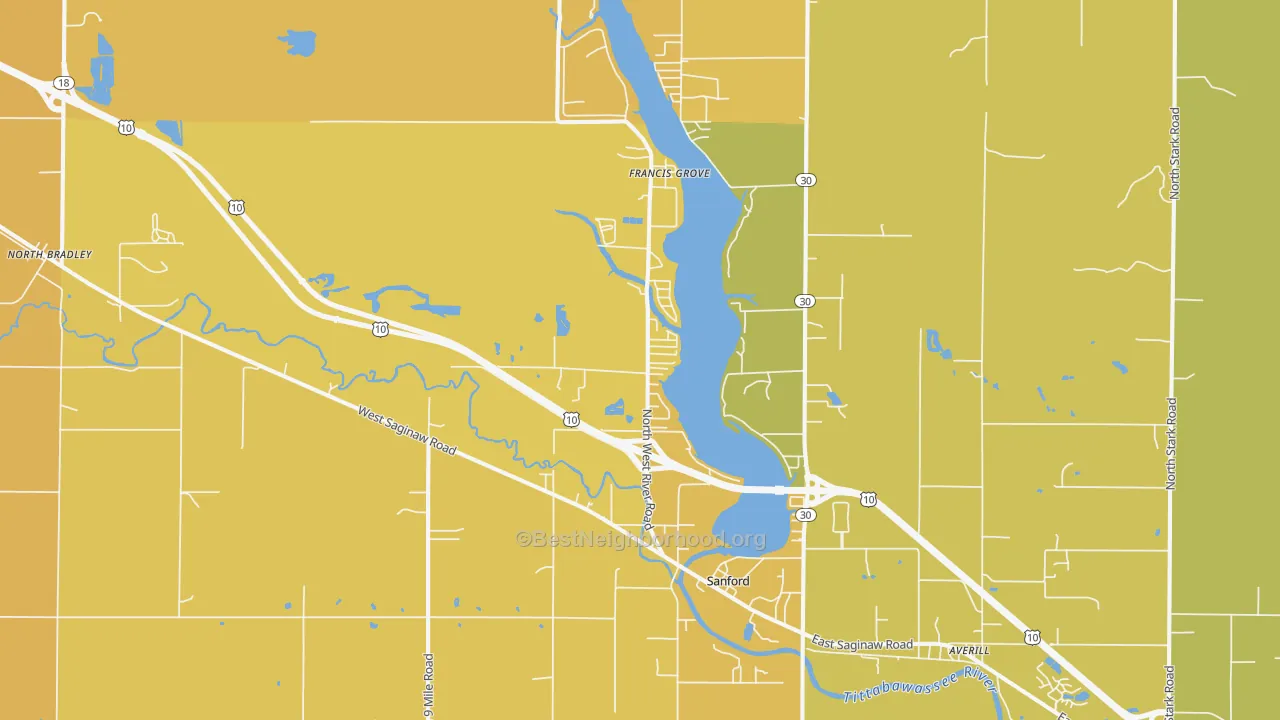 Map of the best neighborhoods in the 48657 area, with better matches in green and worse matches in red