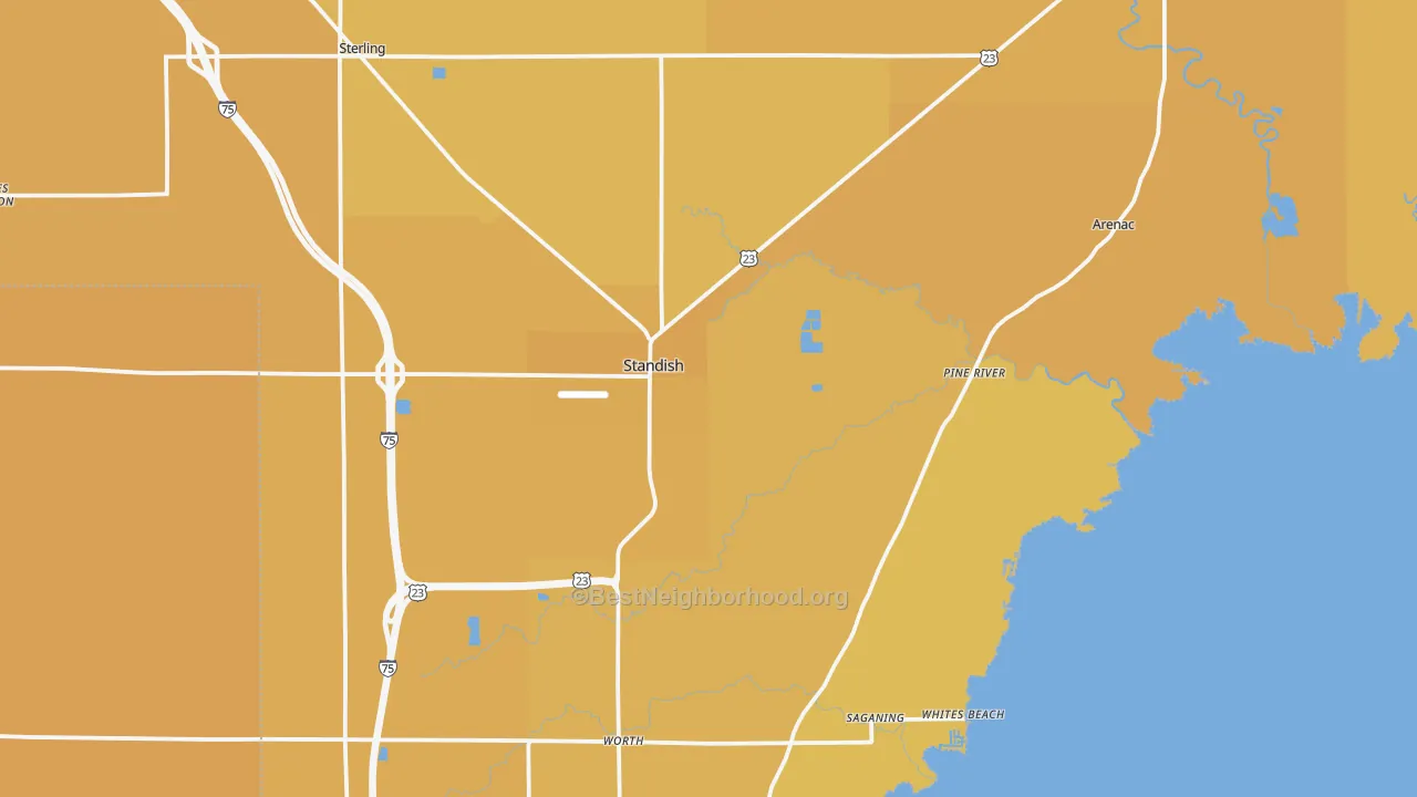 Map of the best neighborhoods in the 48658 area, with better matches in green and worse matches in red
