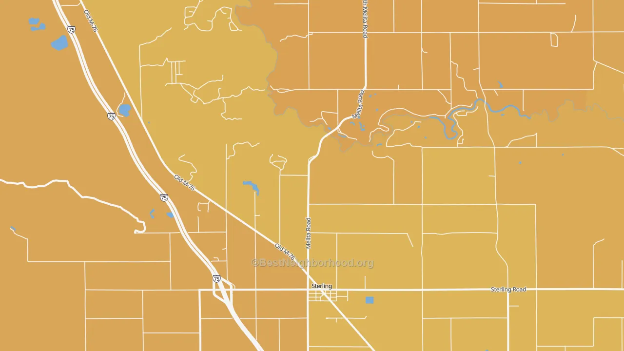 Map of the best neighborhoods in the 48659 area, with better matches in green and worse matches in red