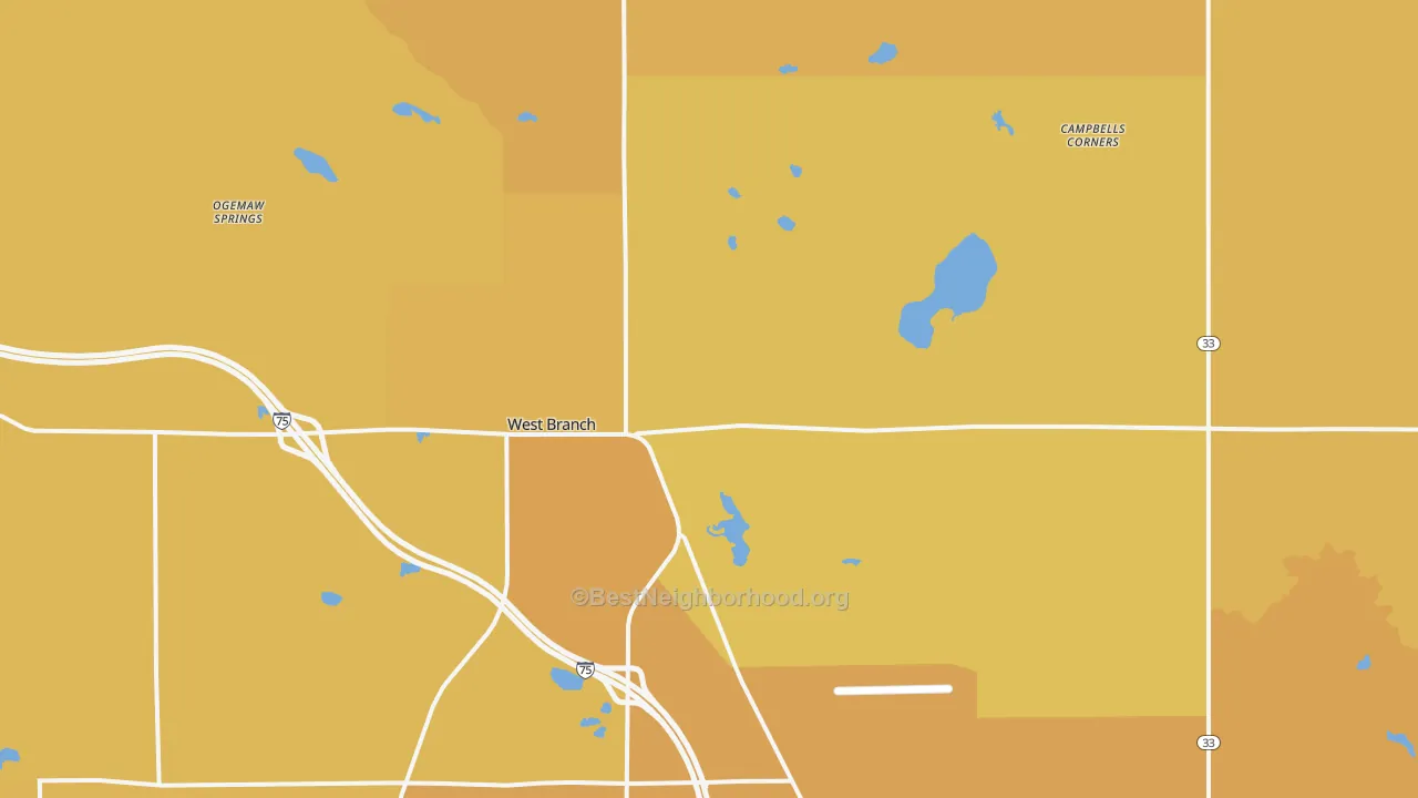Map of the best neighborhoods in the 48661 area, with better matches in green and worse matches in red