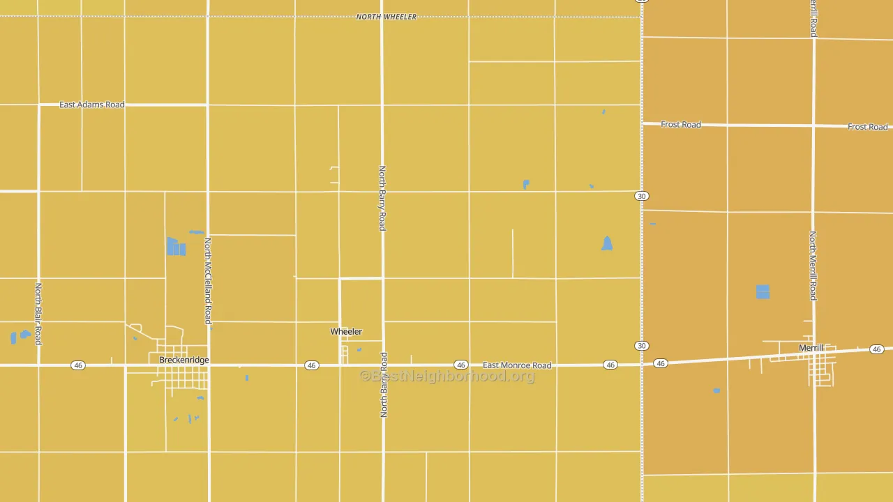 Map of the best neighborhoods in the 48662 area, with better matches in green and worse matches in red