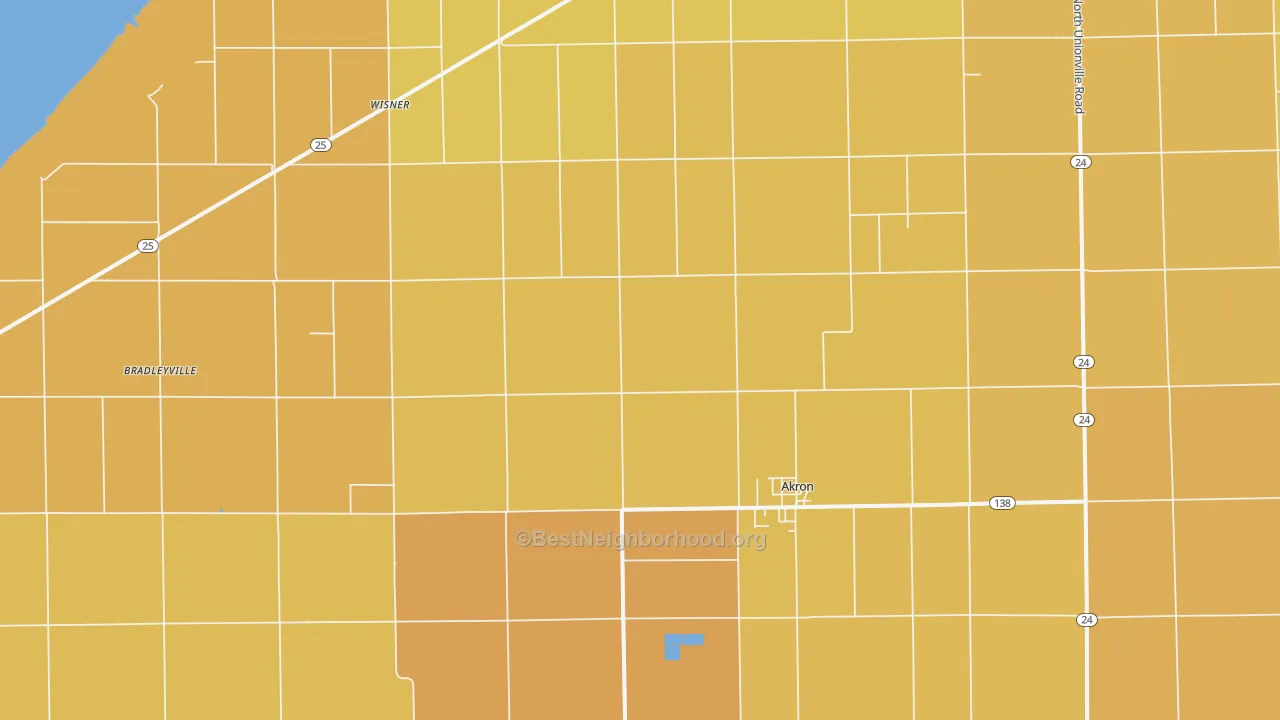 Map of the best neighborhoods in the 48701 area, with better matches in green and worse matches in red