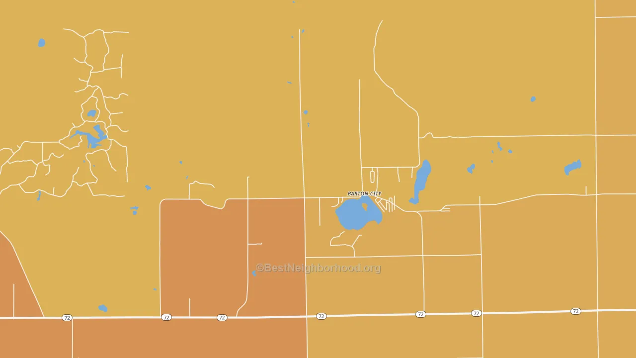 Map of the best neighborhoods in the 48705 area, with better matches in green and worse matches in red