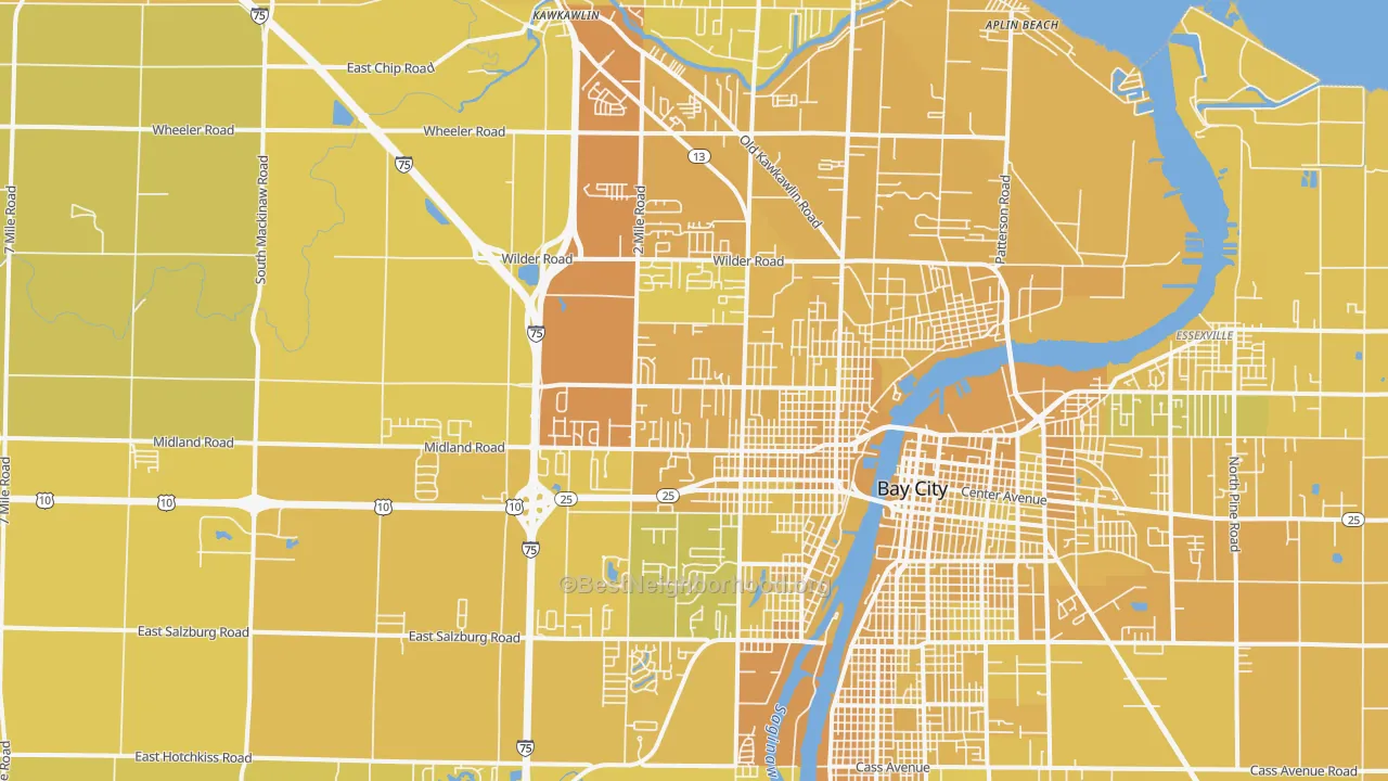 Map of the best neighborhoods in the 48706 area, with better matches in green and worse matches in red