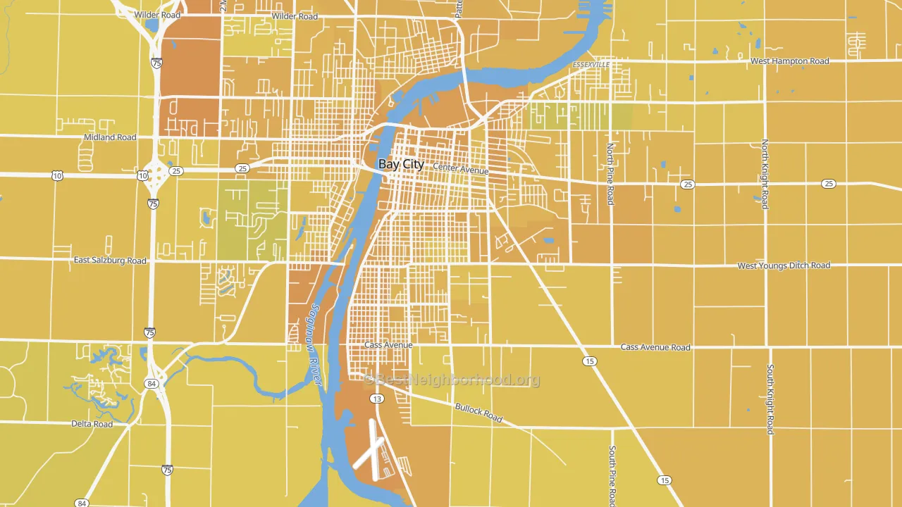 Map of the best neighborhoods in the 48708 area, with better matches in green and worse matches in red