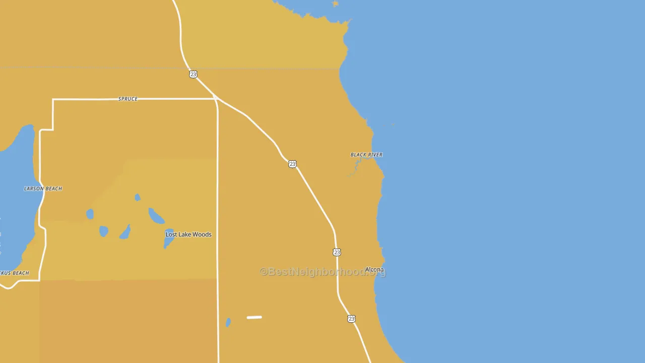 Map of the best neighborhoods in the 48721 area, with better matches in green and worse matches in red