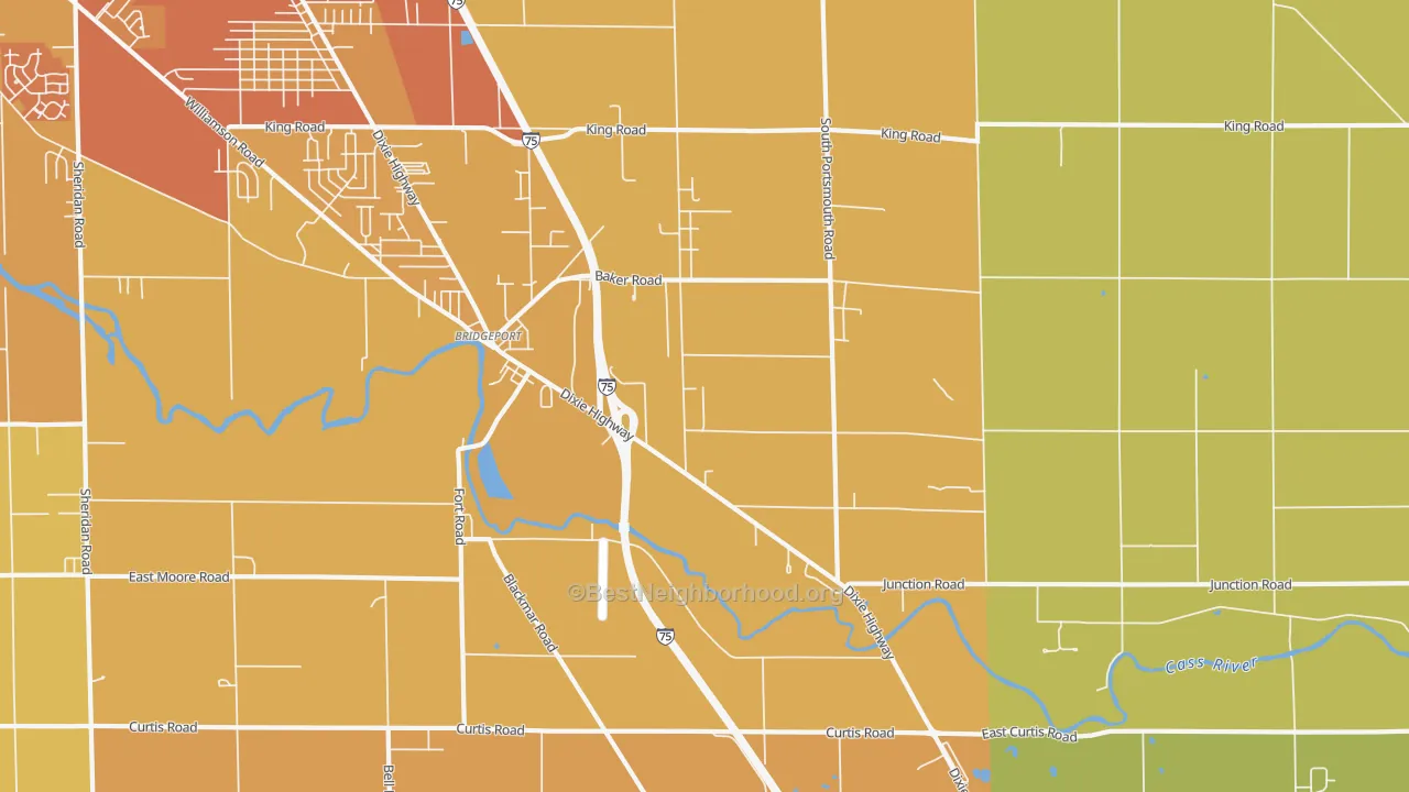 Map of the best neighborhoods in the 48722 area, with better matches in green and worse matches in red