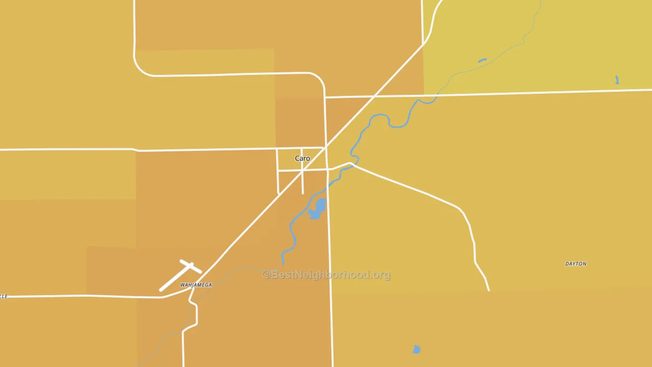 Map of the best neighborhoods in the 48723 area, with better matches in green and worse matches in red