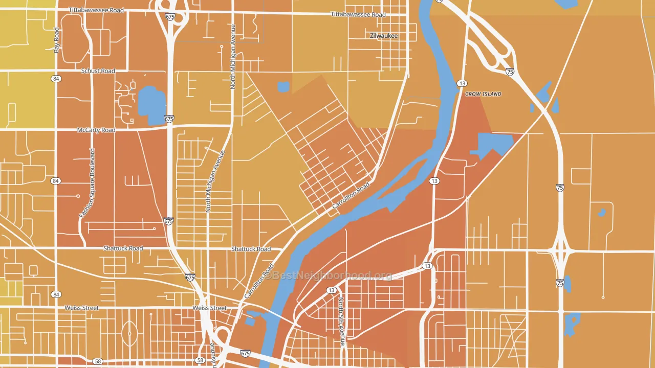 Map of the best neighborhoods in the 48724 area, with better matches in green and worse matches in red