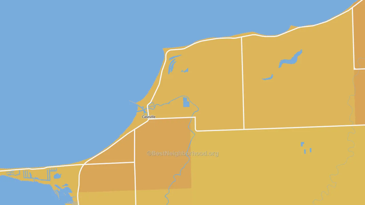 Map of the best neighborhoods in the 48725 area, with better matches in green and worse matches in red