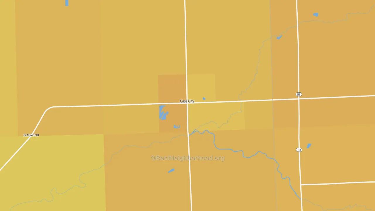 Map of the best neighborhoods in the 48726 area, with better matches in green and worse matches in red