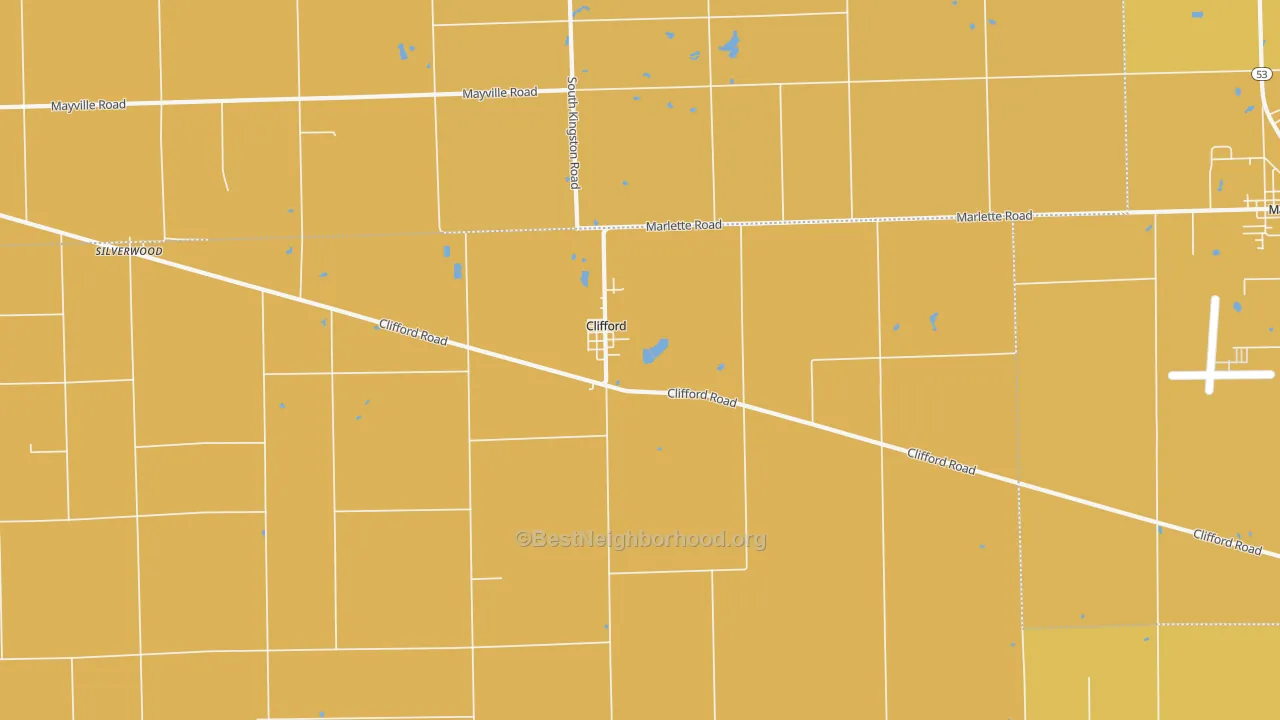 Map of the best neighborhoods in the 48727 area, with better matches in green and worse matches in red