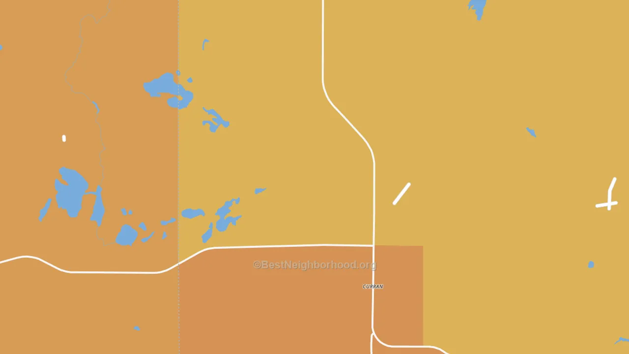 Map of the best neighborhoods in the 48728 area, with better matches in green and worse matches in red