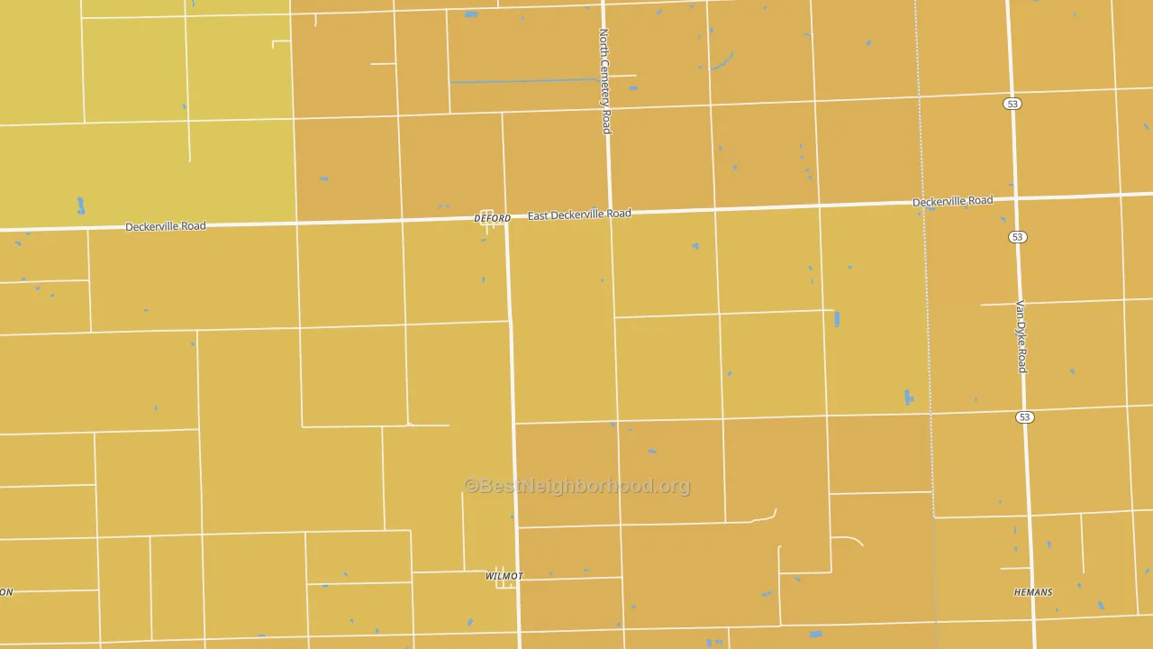 Map of the best neighborhoods in the 48729 area, with better matches in green and worse matches in red