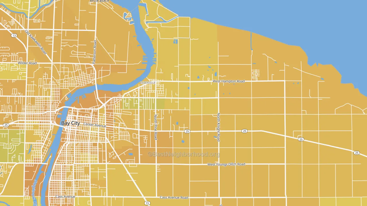 Map of the best neighborhoods in the 48732 area, with better matches in green and worse matches in red