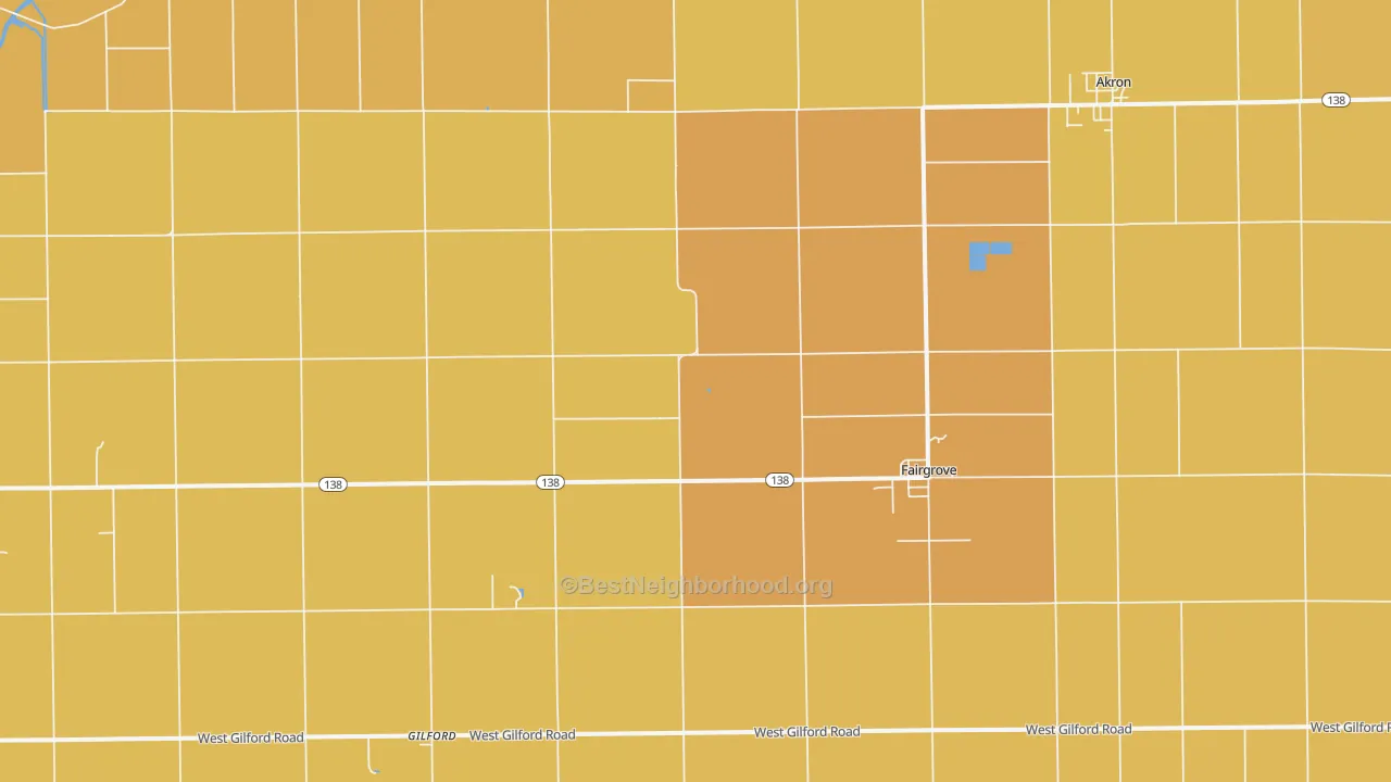 Map of the best neighborhoods in the 48733 area, with better matches in green and worse matches in red
