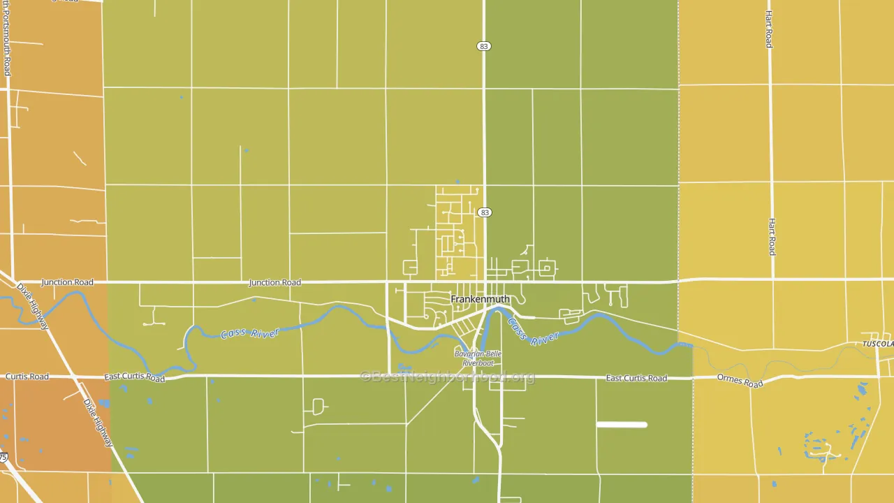 Map of the best neighborhoods in the 48734 area, with better matches in green and worse matches in red
