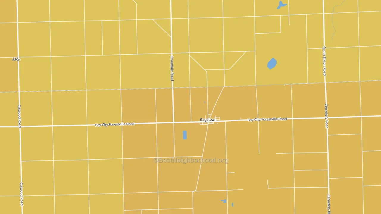 Map of the best neighborhoods in the 48735 area, with better matches in green and worse matches in red