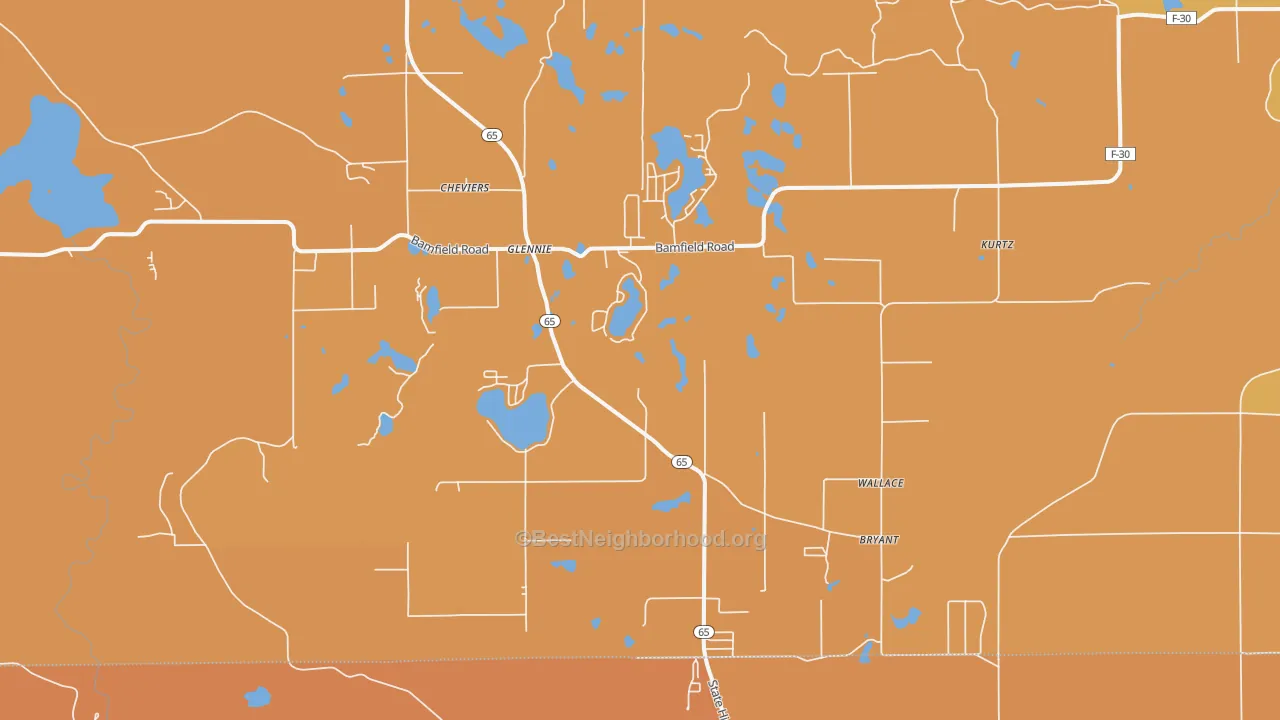 Map of the best neighborhoods in the 48737 area, with better matches in green and worse matches in red