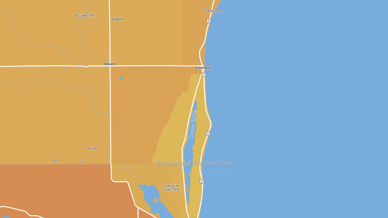 Map of the best neighborhoods in the 48738 area, with better matches in green and worse matches in red