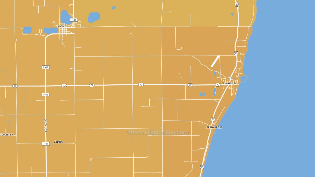 Map of the best neighborhoods in the 48740 area, with better matches in green and worse matches in red