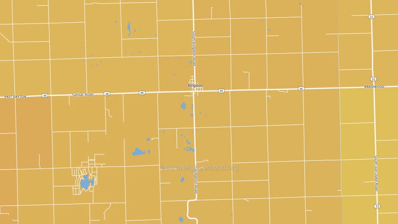 Map of the best neighborhoods in the 48741 area, with better matches in green and worse matches in red