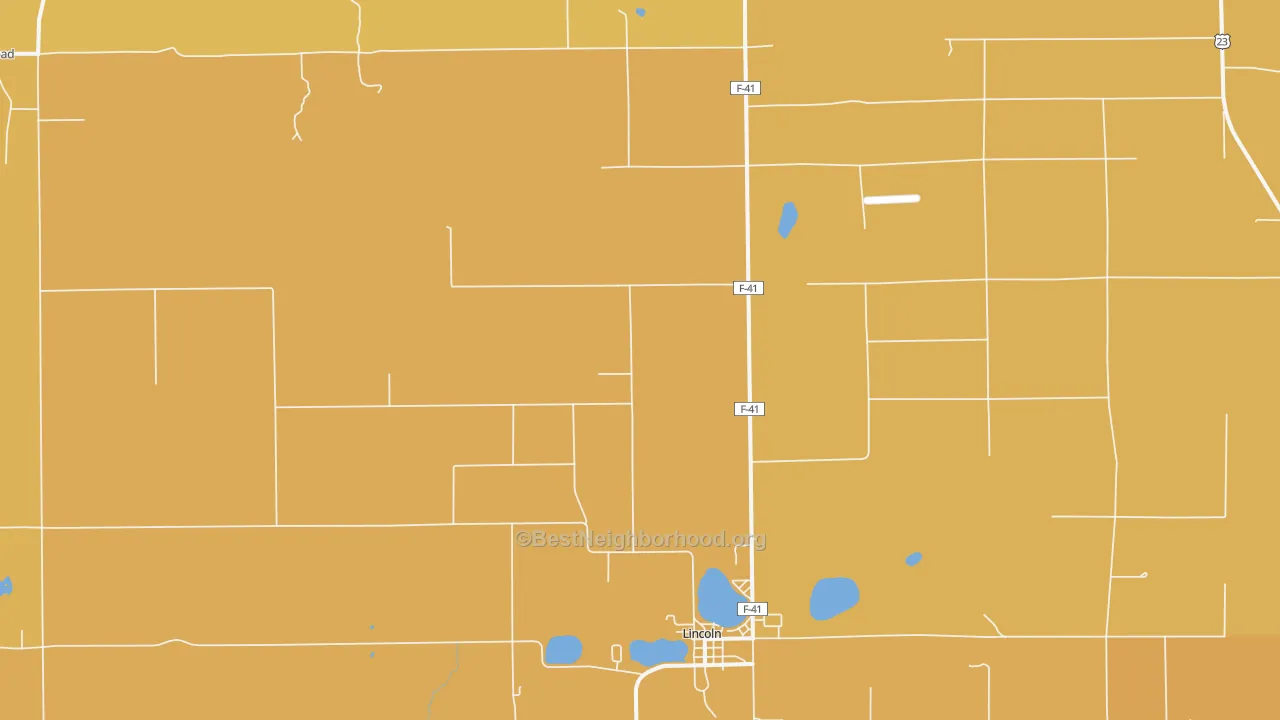 Map of the best neighborhoods in the 48742 area, with better matches in green and worse matches in red