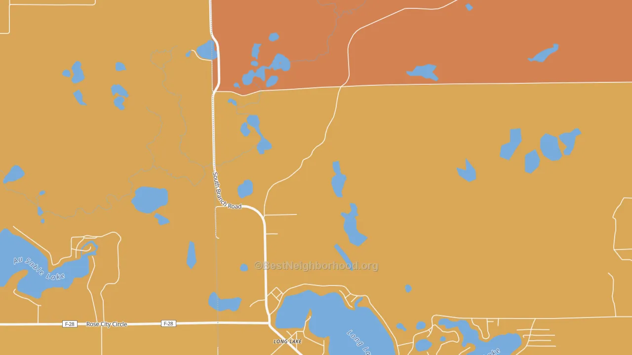 Map of the best neighborhoods in the 48743 area, with better matches in green and worse matches in red