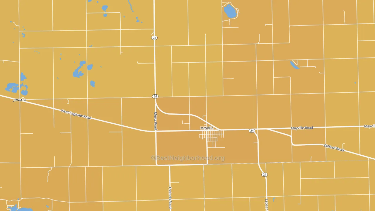 Map of the best neighborhoods in the 48744 area, with better matches in green and worse matches in red