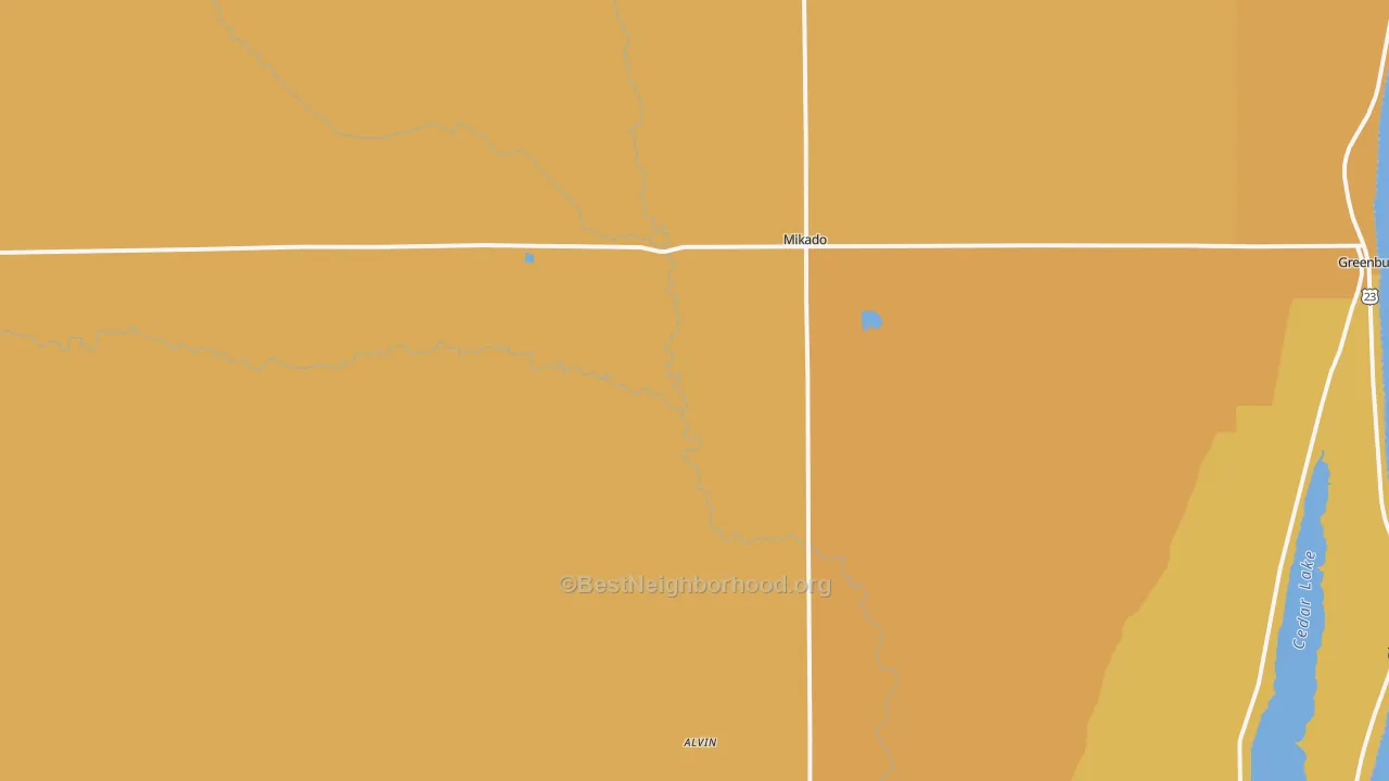 Map of the best neighborhoods in the 48745 area, with better matches in green and worse matches in red