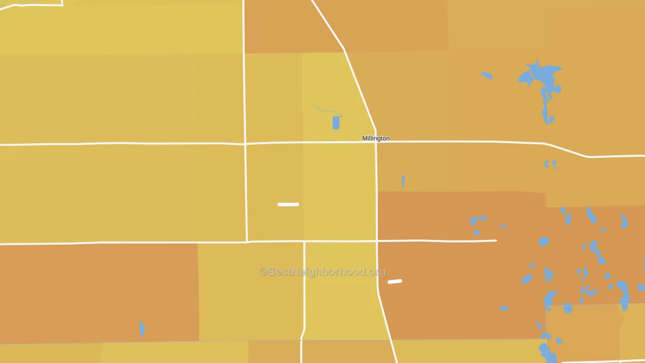 Map of the best neighborhoods in the 48746 area, with better matches in green and worse matches in red