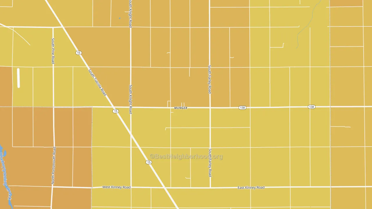 Map of the best neighborhoods in the 48747 area, with better matches in green and worse matches in red