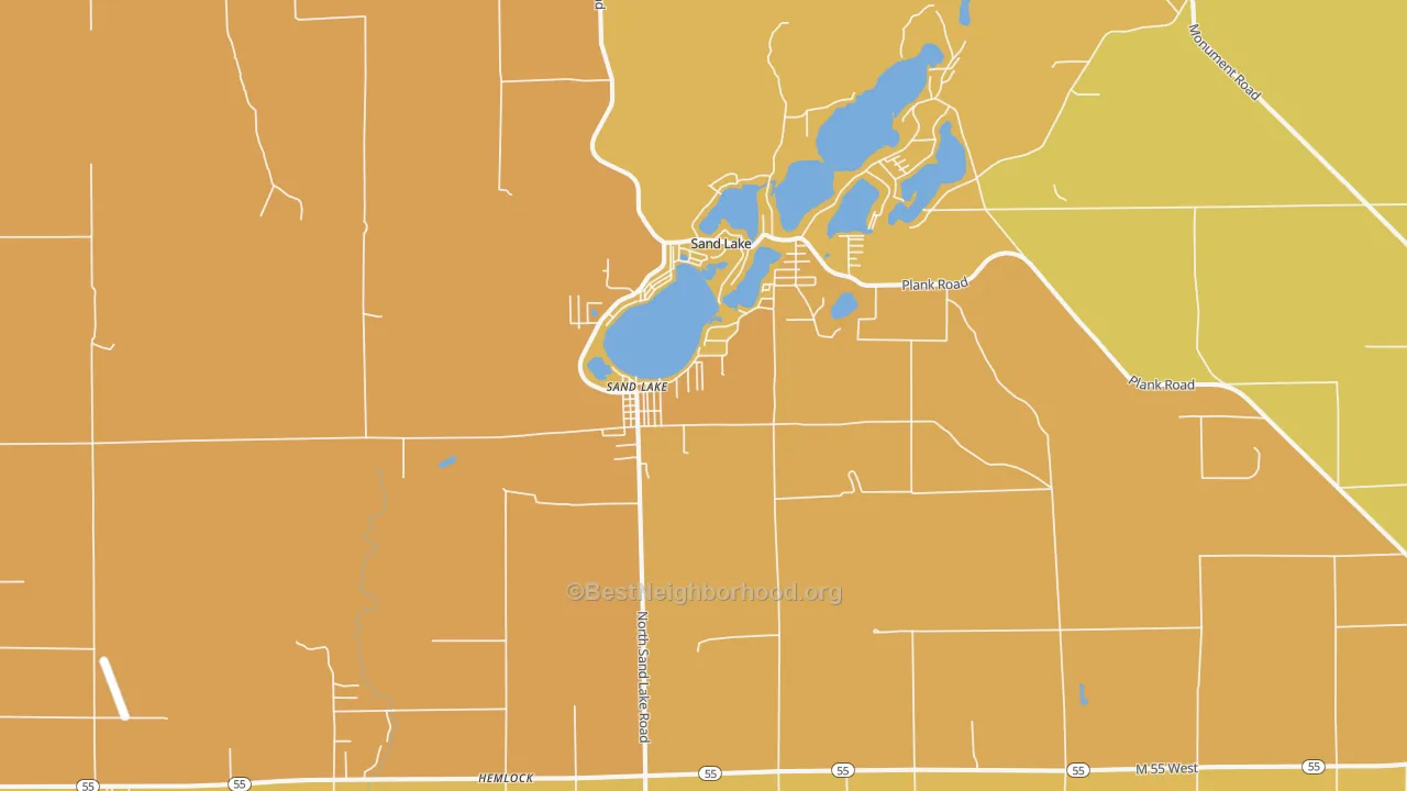 Map of the best neighborhoods in the 48748 area, with better matches in green and worse matches in red