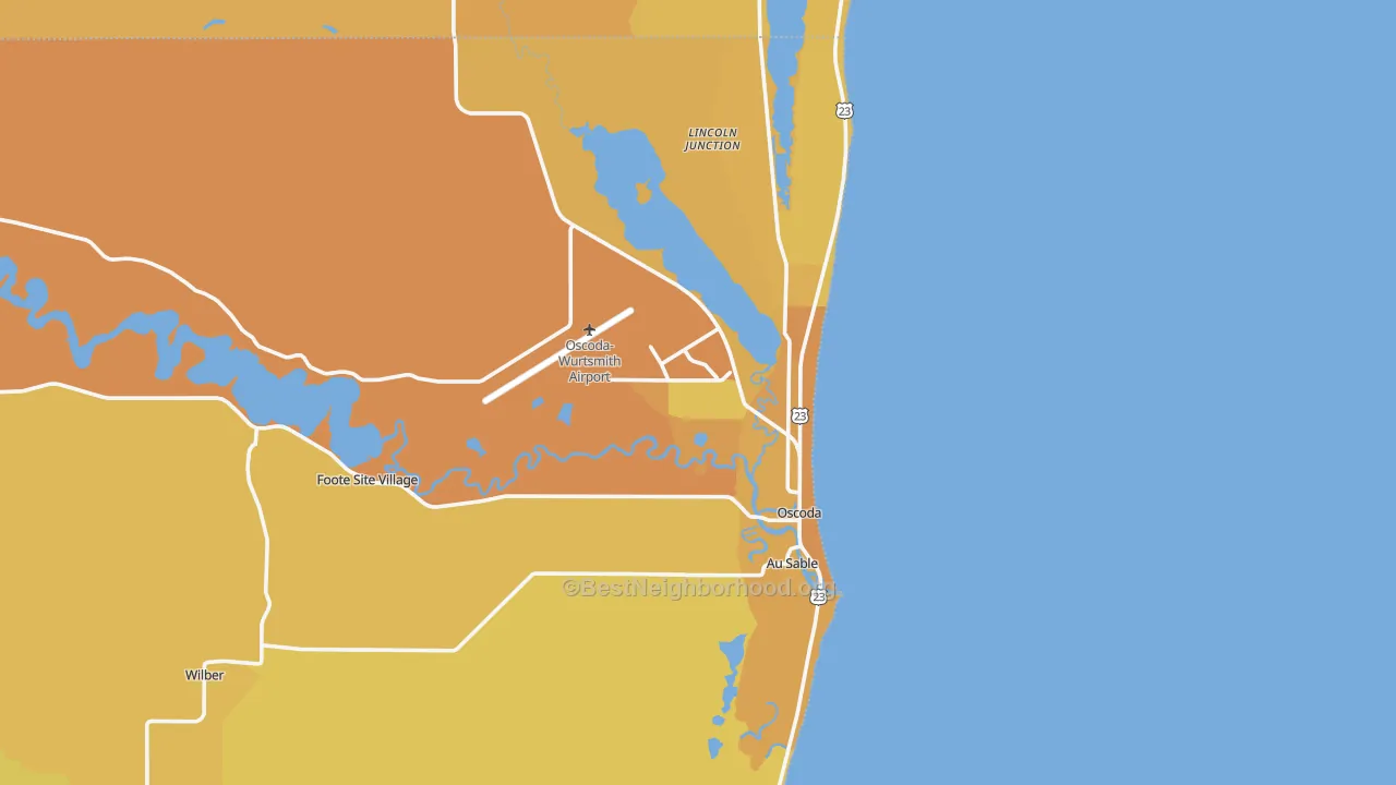 Map of the best neighborhoods in the 48750 area, with better matches in green and worse matches in red