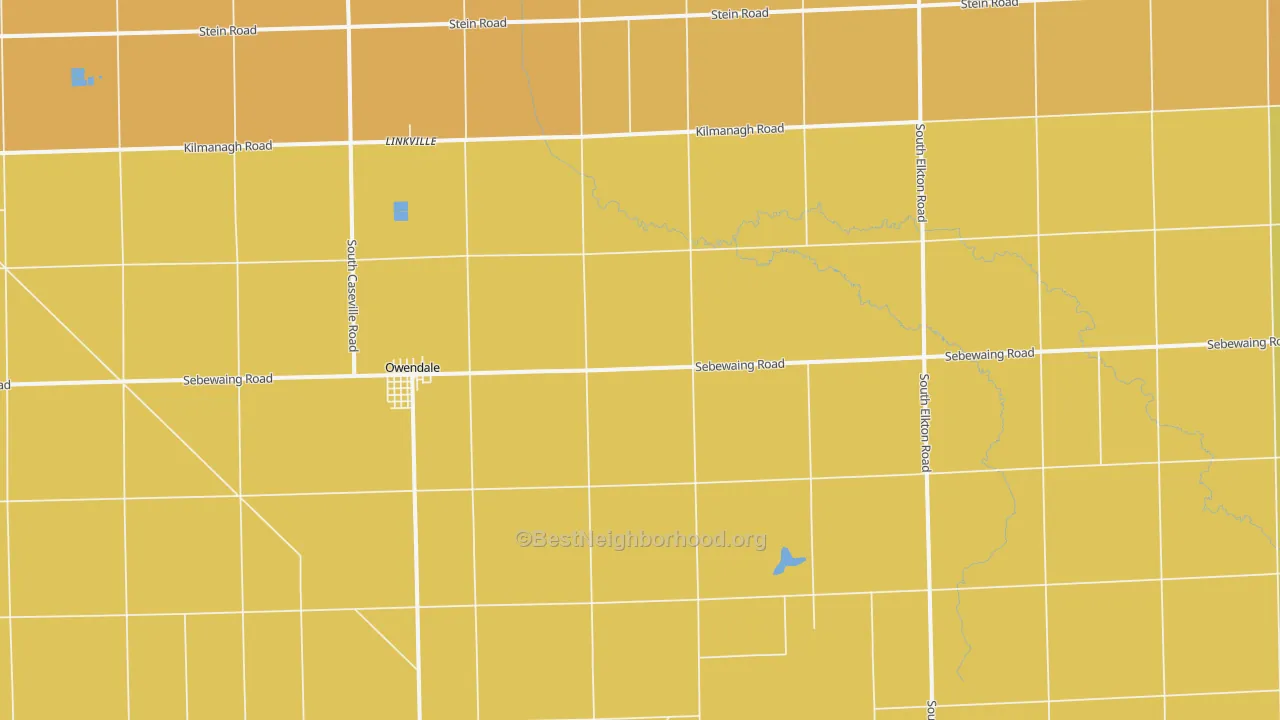 Map of the best neighborhoods in the 48754 area, with better matches in green and worse matches in red