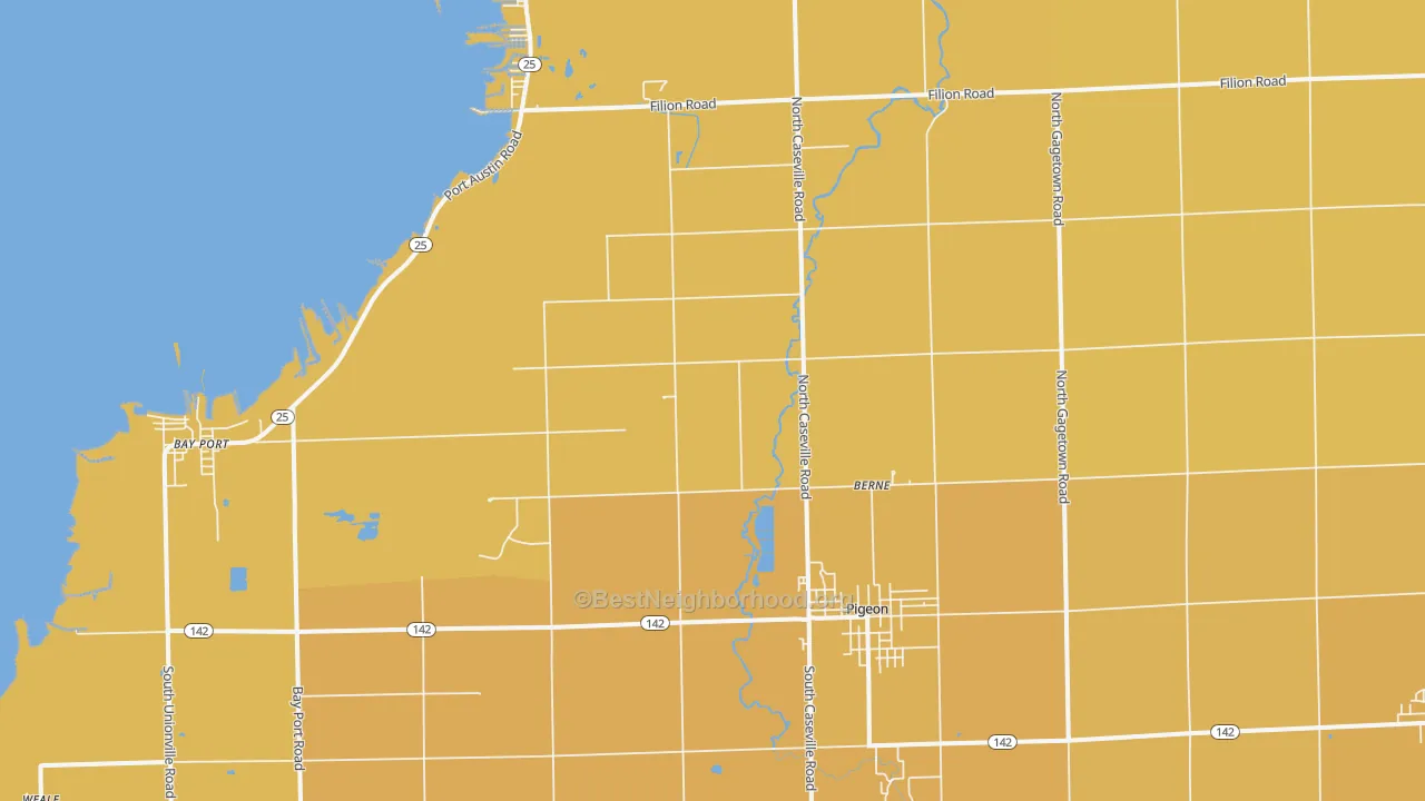 Map of the best neighborhoods in the 48755 area, with better matches in green and worse matches in red