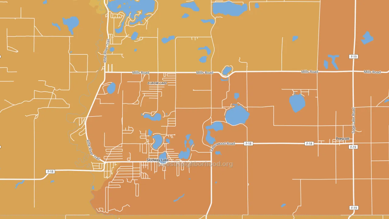 Map of the best neighborhoods in the 48756 area, with better matches in green and worse matches in red