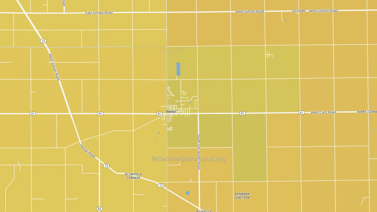 Map of the best neighborhoods in the 48757 area, with better matches in green and worse matches in red