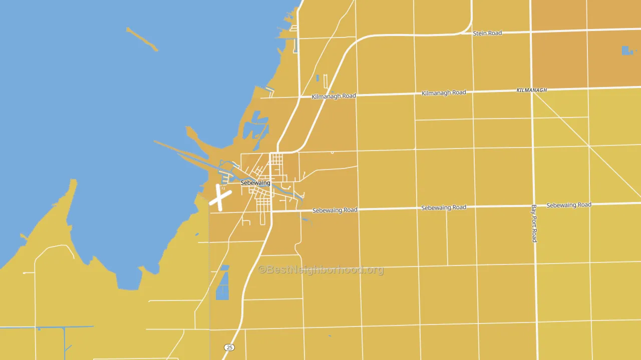 Map of the best neighborhoods in the 48759 area, with better matches in green and worse matches in red